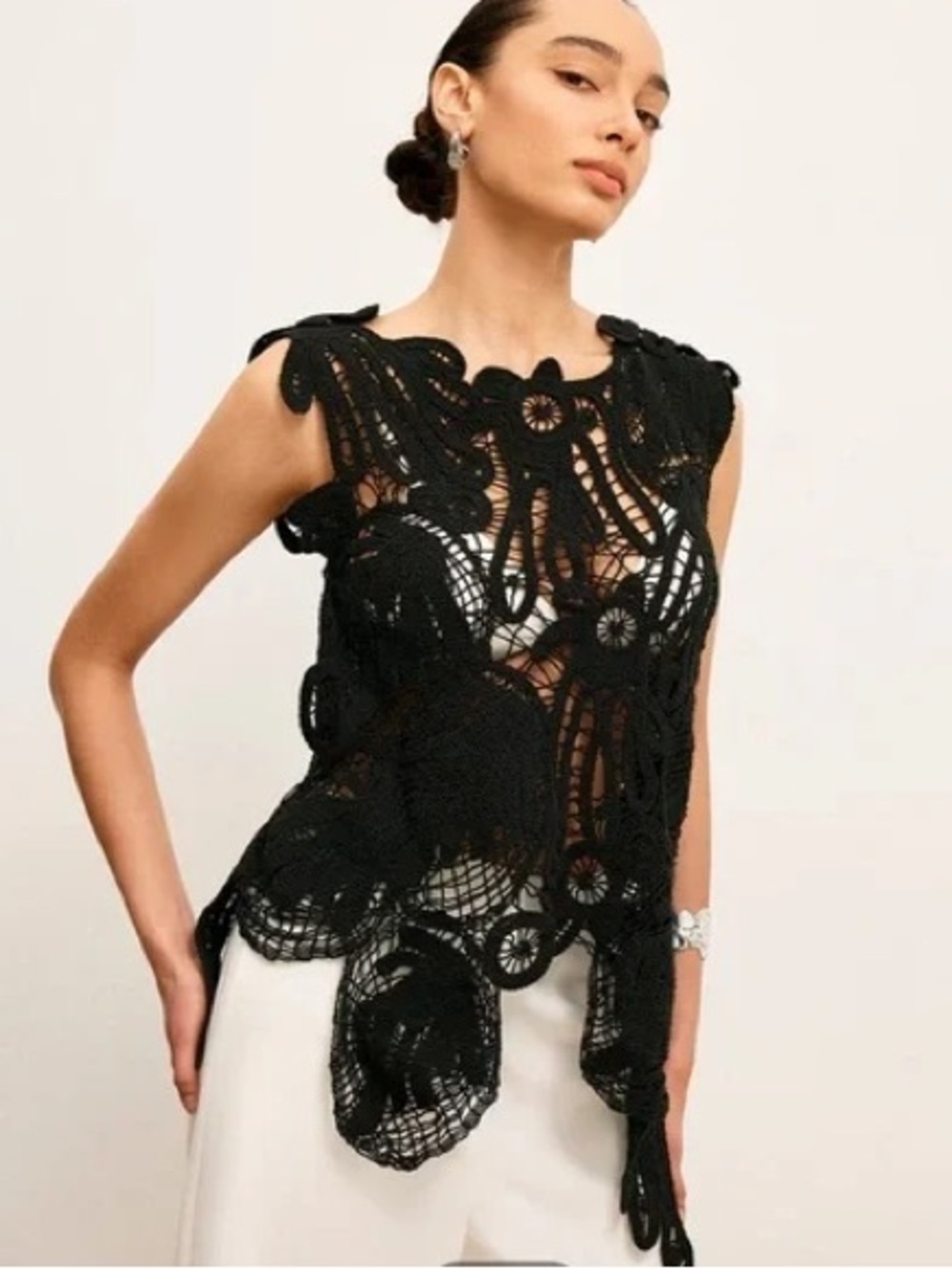 NWT Women’s COMMENSE black crocheted sweater top- Size Small